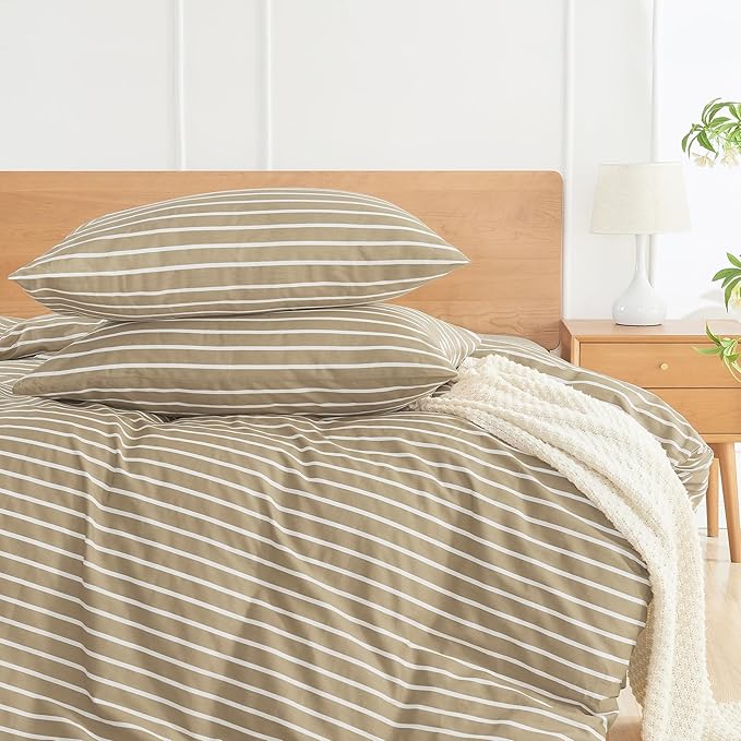 JELLYMONI 100% Natural Cotton Striped Queen Pillowcases Set, 2 Pack Khaki and White Stripes Pattern Printed Pillow Covers with Envelope Closure(Pillows are not Included)