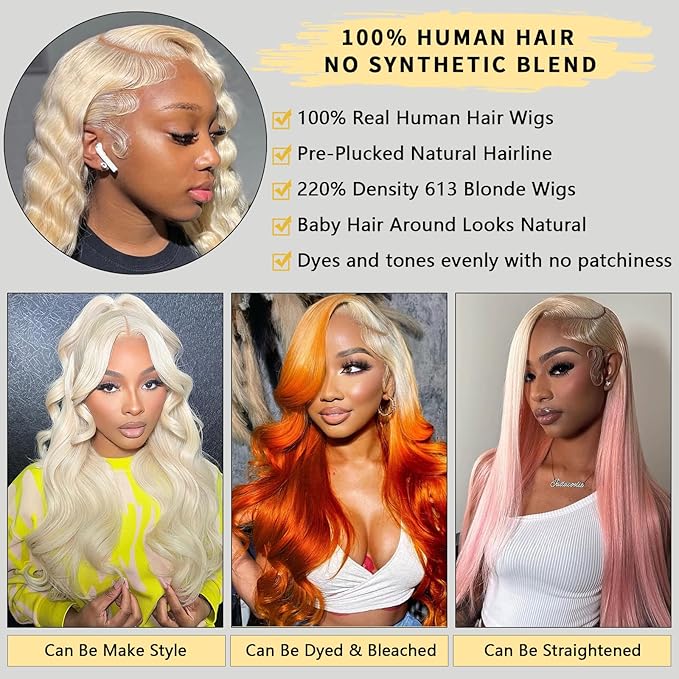 613 Hd Lace Front Wigs Human Hair 34 Inch 13X6 Glueless Full Frontal 220% Density Body Wave Blonde Wig Human Hair 100% Triple Lifespan 3X No Tangle No Shedding No Synthetic