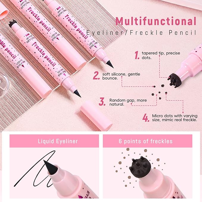 Freckle Stamp with Eyeliner Pen 2 in 1 for Natural Lifelike Faux Freckle Waterproof Fake Freckles Stain Marker for Sunkissed Makeup #Dark Brown&Black