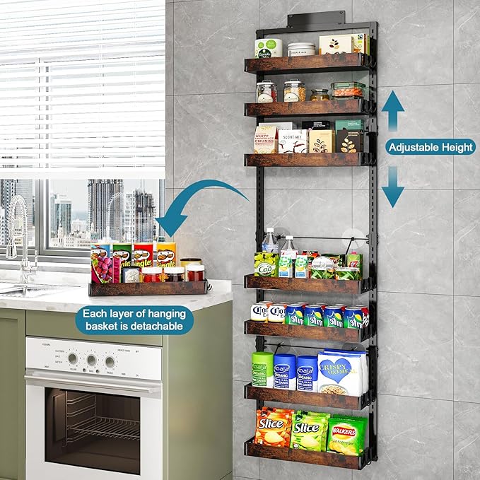 bukfen Over the Door Pantry Organizer, 8-Tier Adjustable Wooden Basket Kitchen Pantry Door Organization and Storage,2 in 1 Wall Mount or Hanging Heavy-Duty Metal Hanging Kitchen Spice Rack,1 Pack