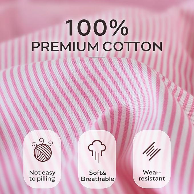 JELLYMONI 100% Natural Cotton Striped King Pillowcases Set, 2 Pack White and Thin Pink Striped Pattern Printed Pillow Covers with Envelope Closure(Pillows are not Included)