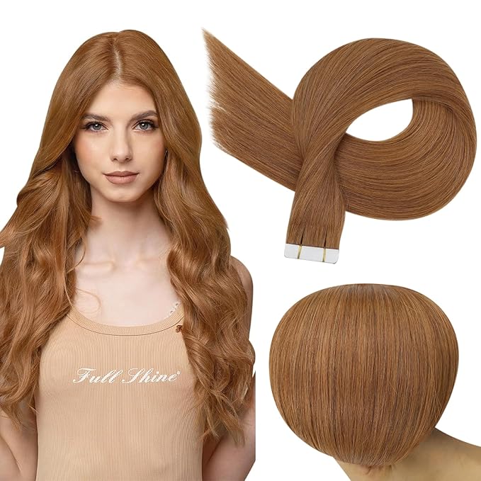 Full Shine Tape in Weft Hair Extensions Human Hair Color 330 Copper Brown Tape in Hair Extensions 22Inch Seamless Invisible Remy Skin Weft 100Gram 40Pcs Adhesive Brazilian Silky Straight