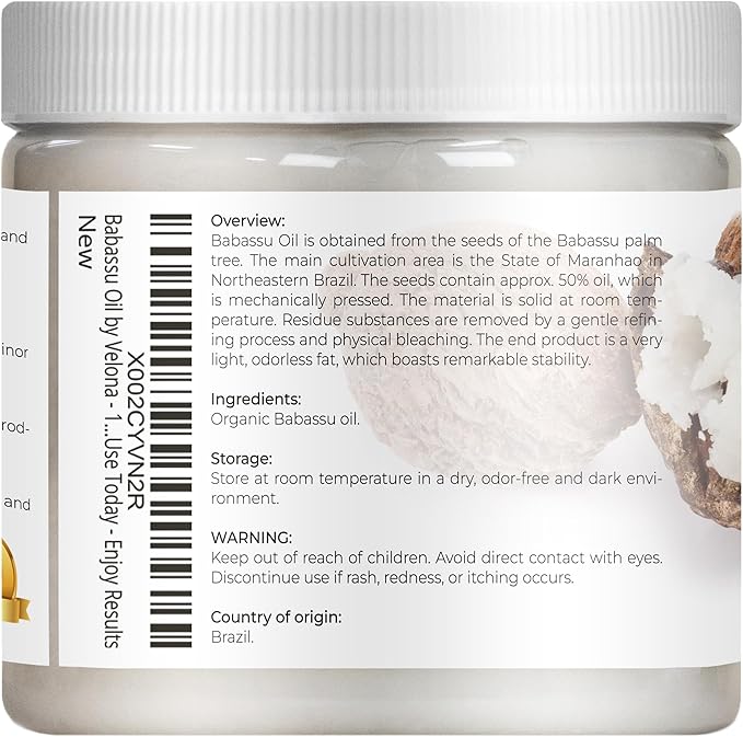 velona Babassu Oil USDA Certified Organic - 16 Fl Oz | 100% Pure and Natural Carrier Oil | Refined, Cold Pressed | Face, Hair, Body & Skin Care and Cooking | Use Today - Enjoy Results