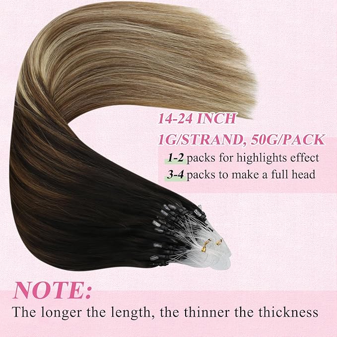 YoungSee Micro Bead Hair Extensions Real Human Hair Balayage Microbead Hair Extensions Dark Brown Ombre Medium Browns with Blonde Beaded Hair Extension 22In Pre Bonded Hair Extension 50g 50s