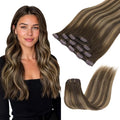 GOO GOO Clip in Hair Extensions Real Human Hair, Remy Human Hair Extensions Clip ins for Women, Natural Human Hair, 18inch 70g 4Pcs, 4/27/4 Balayage Chocolate Brown to Caramel Blonde