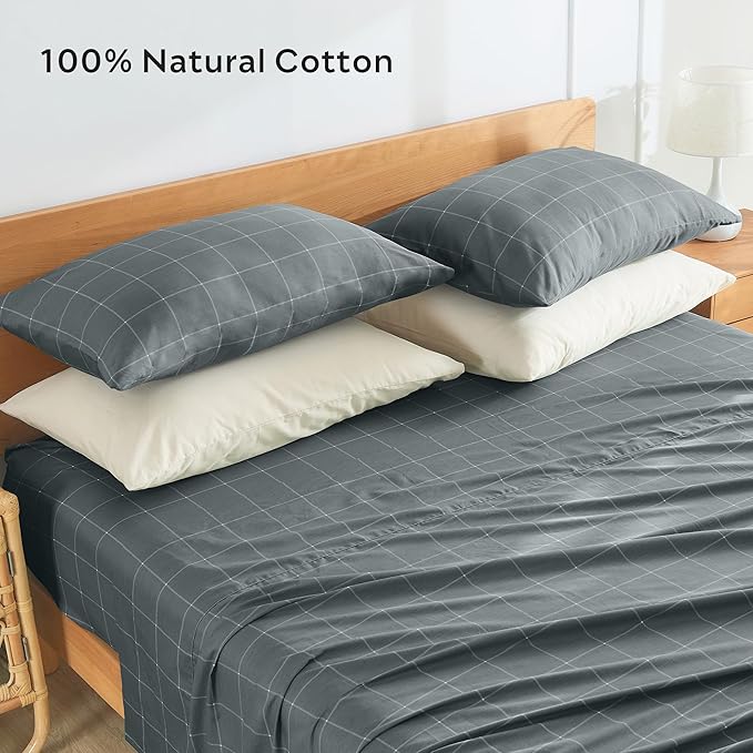 JELLYMONI 100% Natural Cotton Plaid Standard Pillowcases Set, 2 Pack Dark Gray with White Grid Geometric Pattern Printed Pillow Covers with Envelope Closure(Pillows are not Included)