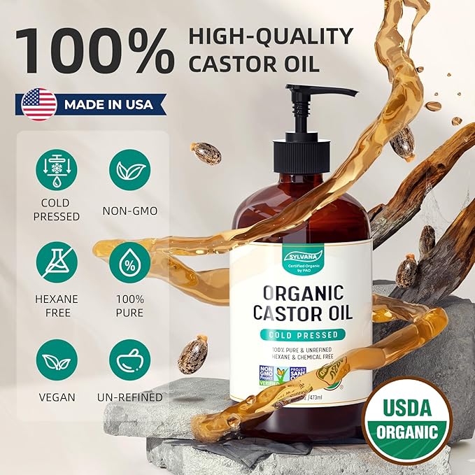 SYLVANA Organic Castor Oil with Pump (16oz Glass Bottle), USDA Certified Organic, Cold Pressed, Hexane Free, Vegan - 100% Pure Castor Oil for Hair Growth, Nourishing Skin, Lashes & Eyebrows