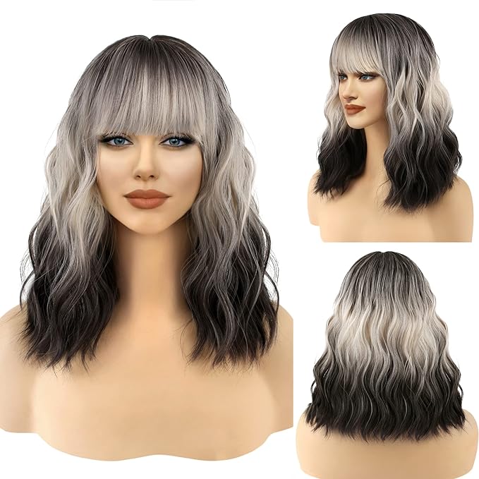 FAELBATY Short Brown Ombre Grey Wig Short Wave Bob Wigs for Women With Bangs Shoulder Length Synthetic Cosplay Party Wig for Girls Costume Wigs (12" 60R)