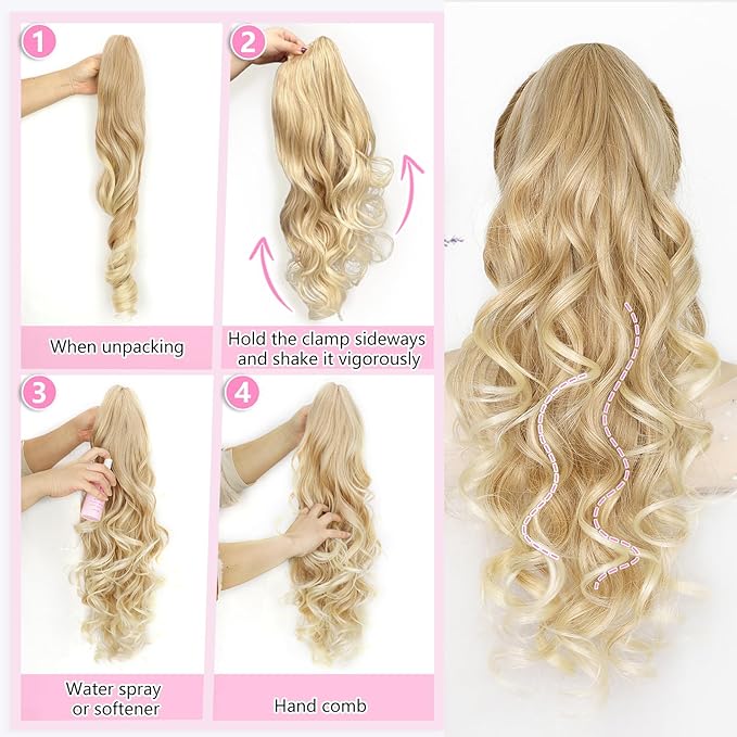 ALXNAN Ponytail Extension,24 Inch Claw Clip in Long Curly Mixed Blonde Ponytail Hair Extension Jaw Clip on Pony Tails Hairpiece for Women