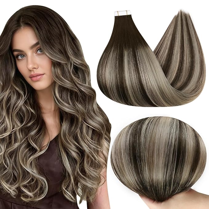 Full Shine Balayage Ombre Tape in Hair Extensions Human Hair Color 2/60/2 Brown And Blonde 16 Inch Tape in Human Hair Extensions 50Gram Straight Natural Remy Hair 20Pcs Add Volume