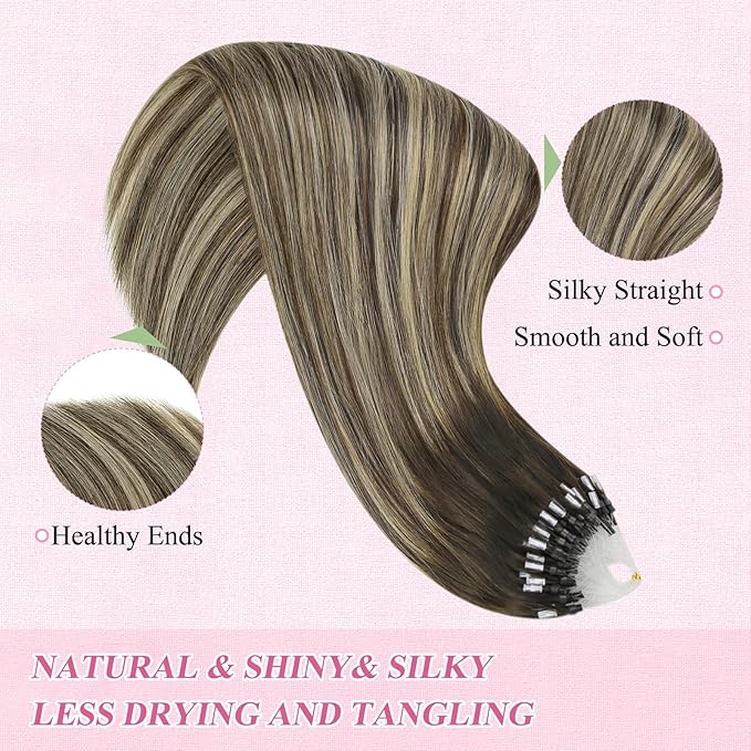 YoungSee Microbead Hair Extensions Human Hair Dark Brown Ombre Blonde Microlink Hair Extensions Human Hair Dark Brown Balayage Micro Loop Hair Extension 24 Inch 50g 50s Cold Fusion for Long Hair