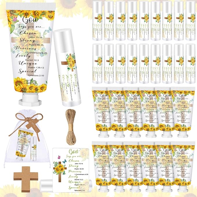 144 Pcs Christian Lip Balm Hand Cream Set Party Favors, Include 36 Bible Lip Balm 36 Moisturizing Hand Cream 36 Bags 36 Cards and Ropes for Accessories Gifts (Biblical, Sunflower)