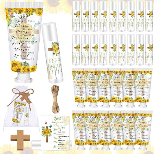 144 Pcs Christian Lip Balm Hand Cream Set Party Favors, Include 36 Bible Lip Balm 36 Moisturizing Hand Cream 36 Bags 36 Cards and Ropes for Accessories Gifts (Biblical, Sunflower)