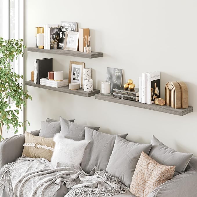 BAMEOS Floating Shelves, Walnut Wall Mounted Wooden Shelves with Invisible Brackets Set of 3, Hanging Wall Shelves Decoration for Bedroom, Bathroom, Living Room and Kitchen