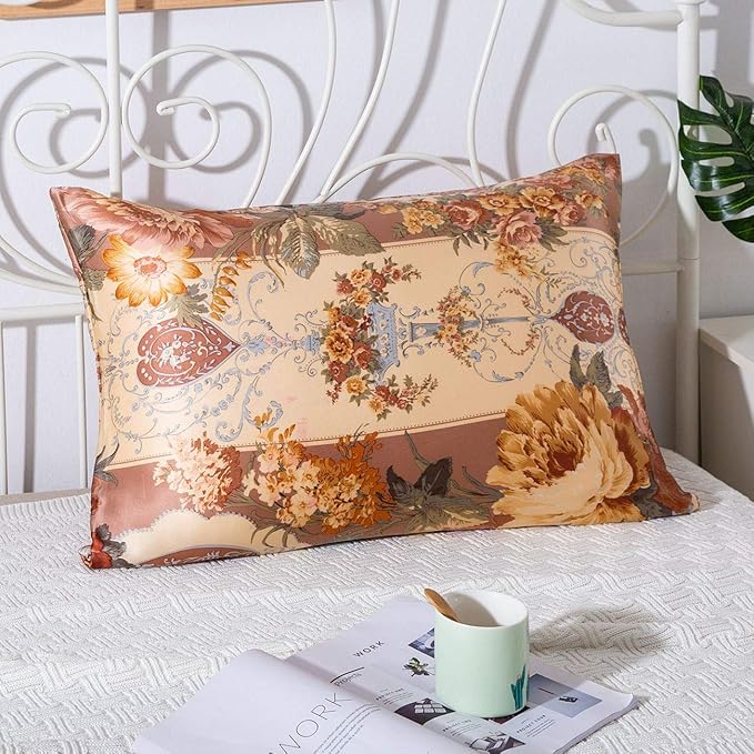 100% Mulberry Silk Pillowcase for Hair and Skin Health with Hidden Zipper Floral Print Both Sides Silk SLPBABY (Standard, Pattern18)