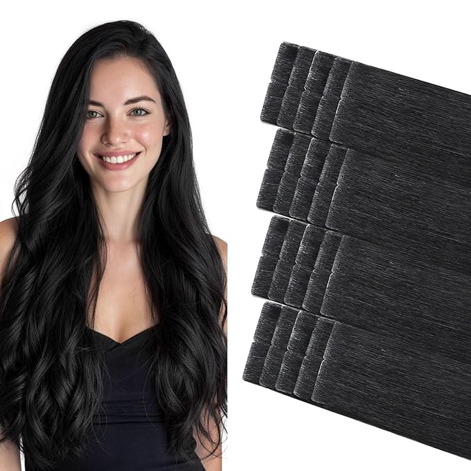 COOKAYU Invisible Tape in Hair Extensions Human Hair, Tape in Extensions Jet Black 20Inch 45g 20pcs Injected Tape in Human Hair Seamless Invisi Edge