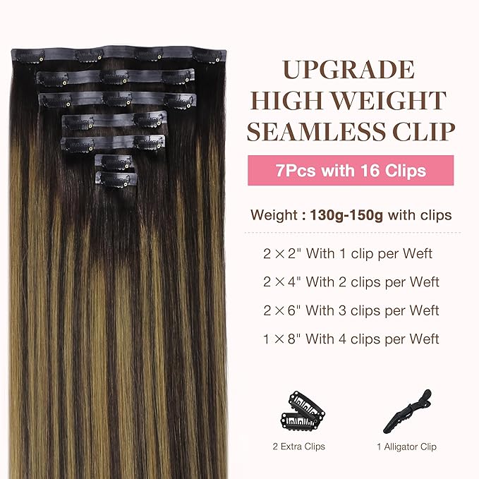 GOO GOO Clip in Hair Extensions Real Human Hair, Remy Human Hair Extensions Clip ins for Women, Natural Human Hair, 18inch 130g 7Pcs, 2/6/2 Balayage Dark Brown to Chestnut Brown