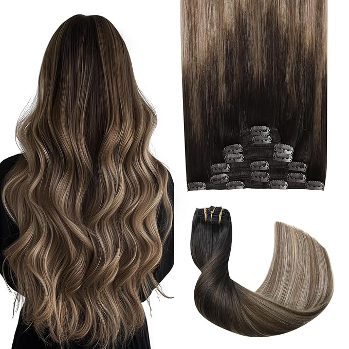 Pro2.0 Clip in Hair Extensions Real Human Hair 22inch 7pcs #1b/4/27 Natural Black to Chocolate Brown and Caramel Blonde Real Hair Extensions Clip in Human Hair 120g Thick（#1b/4/27-22inch）