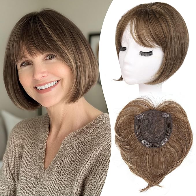 LEEONS Hair Toppers for Women with Bangs Short Bob Synthetic Pieces for Thinning Hair Side Part (Brown with Highlights)
