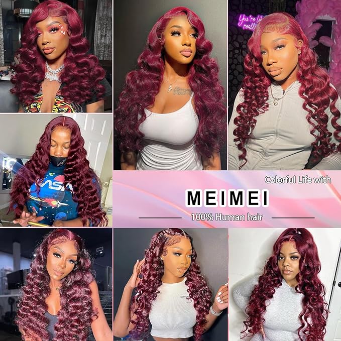 MEIMEI 200 Density 99J Burgundy Lace Front Wigs Human Hair Loose Wave 15A 13x4 Full Large Lace Space Frontal Wig Pre Plucked with Baby Hair Glueless Burgundy Loose Deep Wave Wigs 22 Inch