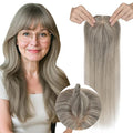 Real Human Hair Toppers for Women 3.54"*4.72" Silky Base 150% Density With Bangs Adjustable Parting Clip-In Topper Hairpieces for Women with Thinning Hair 16 Inches White Mixed Natural Black