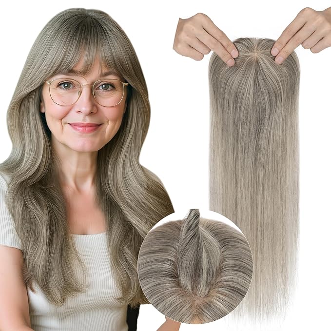 Real Human Hair Toppers for Women 3.54"*4.72" Silky Base 150% Density With Bangs Adjustable Parting Clip-In Topper Hairpieces for Women with Thinning Hair 14 Inches White Mixed Natural Black