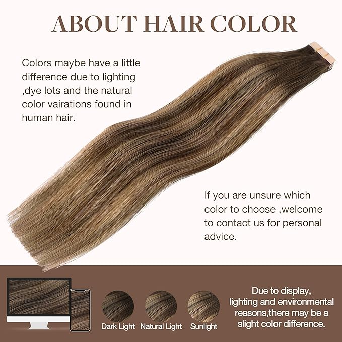 GOO GOO Tape in Hair Extensions Human Hair, 4/27/4 Balayage Chocolate Brown to Caramel Blonde, 16inch 50g 20pcs, Thick Ends Straight Seamless, Invisible
