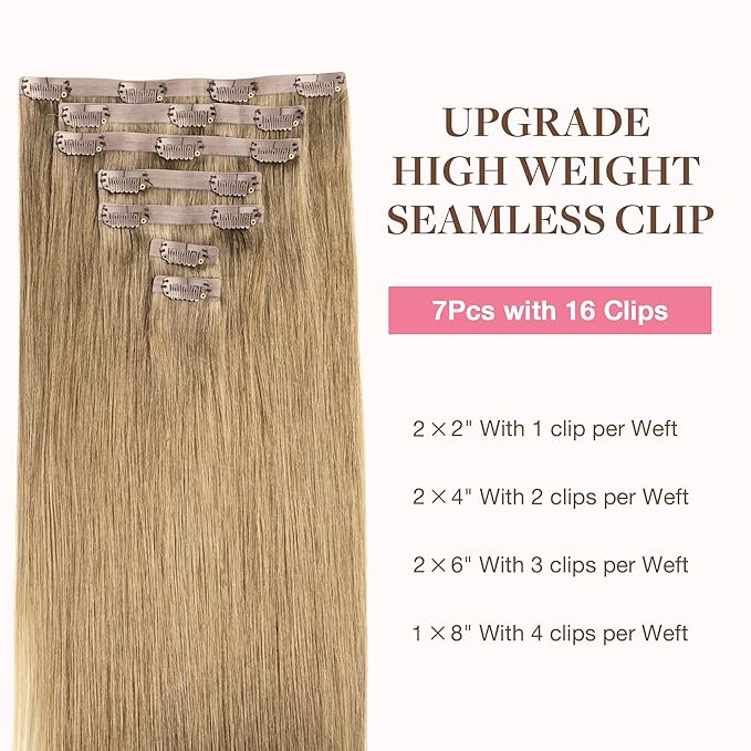 GOO GOO Clip in Hair Extensions Real Human Hair, Remy Human Hair Extensions Clip ins for Women, Natural Human Hair, 20inch 110g 7Pcs, 7 Bronde