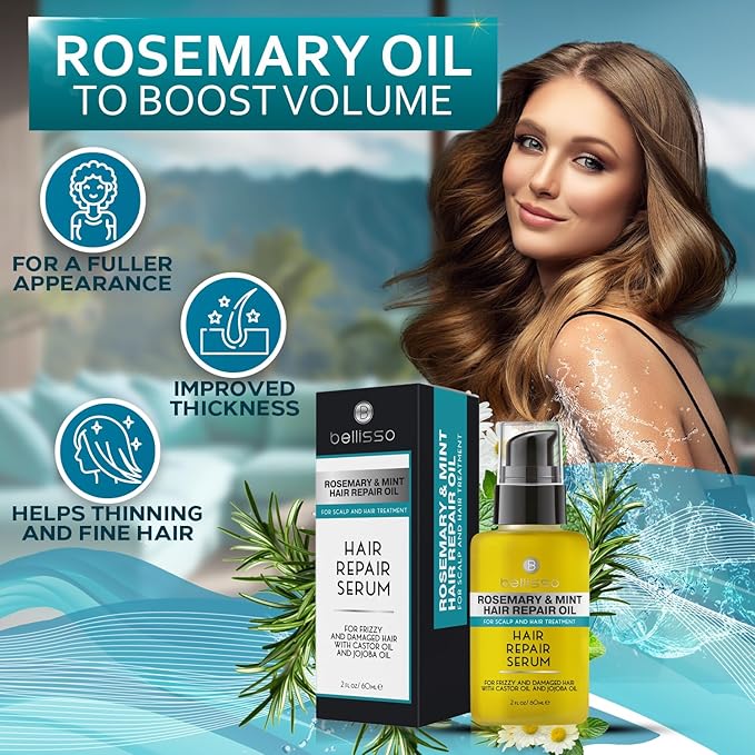 Rosemary Mint Oil Hair Serum - Thickening Products for Women and Men - Strengthening Treatment for Dry, Damaged, Frizzy Split Ends - Control Frizzy, Thinning and Curly Locks - Scalp Moisturizer