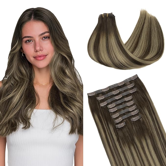 GOO GOO Clip in Hair Extensions Real Human Hair, Remy Human Hair Extensions Clip ins for Women, Natural Human Hair, 14inch 130g 9Pcs, 4/26/4 Balayage Chocolate Brown to Honey Blonde