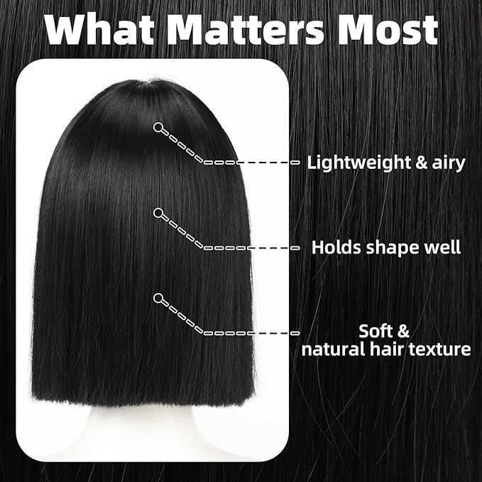 Allbell Black Wigs for Women Short Bob with Bangs Heat Resistant Synthetic Hair 12 inch for Daily Party Halloween Costume Use