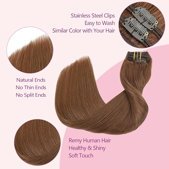 PINKPEARL Clip in Hair Extensions Real Human Hair, Remy Human Hair Extensions Clip ins for Women, Natural Human Hair, 16inch 120g 7Pcs, #33 Auburn(#33-16)