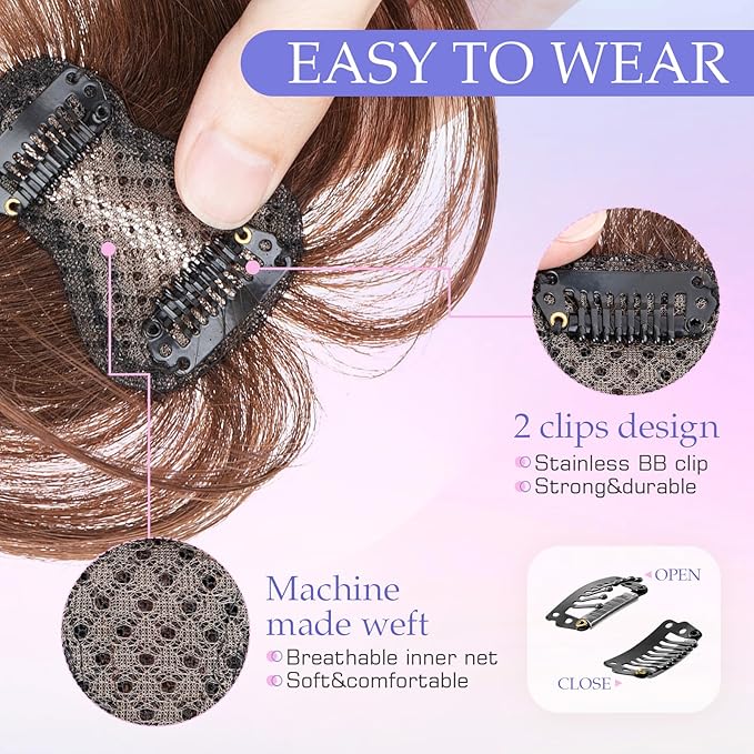 Hairro Bangs Hair Clip 3D 360°Cover Clip On Bangs Remy Human Hair Topper With Bangs Fringe French Bangs With Temples Clip In Bangs Hair Extensions 8 Inches 10g #02 Dark Brown