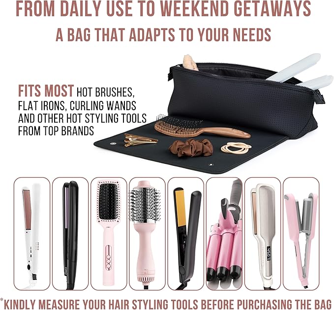 BAREFOOT CARIBOU Hair Tools Travel Bag and Heat Resistant Mat for Flat Irons, Straighteners, Curling Iron, and Haircare Accessories, 2-in-1 design, with Interior Pockets, Portable Organizer