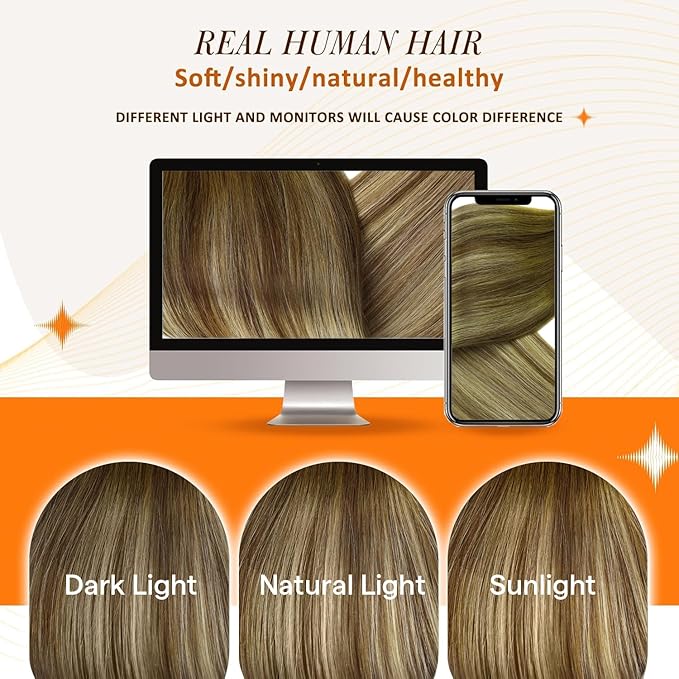 Full Shine Clip in Extensions Real Human Hair Brown Balayage Seamless Clip ins Medium Brown to Caramel Blonde and Brown Invisible Hair Extension Softness 20 Inch 8 PCS 120 G