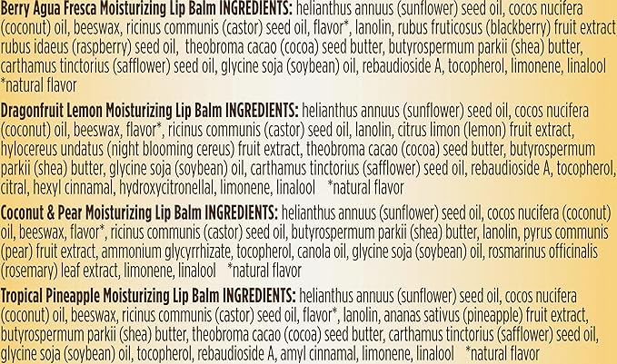 Burt's Bees Lip Balm - Berry Agua Fresca, Dragonfruit Lemon, Coconut & Pear, Tropical Pineapple Pack, With Beeswax, Tint-Free, Natural Origin Lip Treatment, 4 Tubes, 0.15 oz.