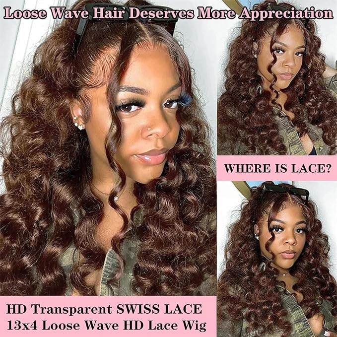 MEIMEI 250% Density HD Full Lace Front Wigs Human Hair Loose Deep Wave Chocolate Brown 15A Grade Real Full Large Lace Space Brown 13x4 Loose Wave Lace Frontal Wigs Human Hair Pre Plucked 24 Inch