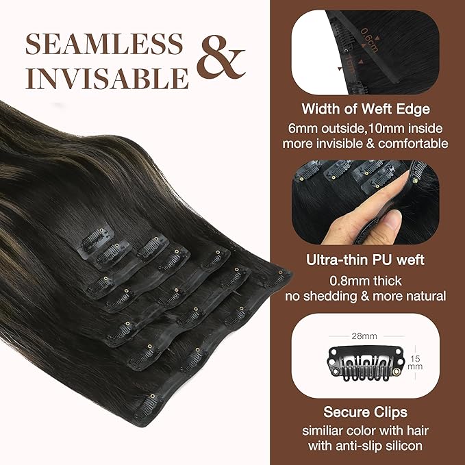 GOO GOO Clip in Hair Extensions Real Human Hair, Remy Human Hair Extensions Clip ins for Women, Natural Human Hair, 12inch 85g 7Pcs, #1B/6/1B Balayage Natural Black to Chestnut Brown