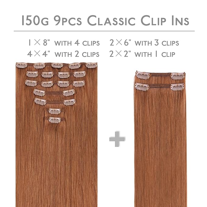 WENNALIFE Clip in Hair Extensions, 150g 24 Inch 9pcs Cinnamon Terra Copper Remy Hair Thicker Double Weft Extensiones De Cabello Humano Con Clip Ins Straight Full Volume