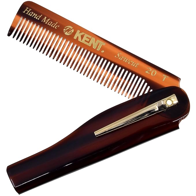 Kent 20T Handmade Folding Pocket Comb for Men, Fine Tooth Hair Comb Straightener for Everyday Grooming Styling Hair, Beard or Mustache, Use Dry or with Balms, Saw Cut Hand Polished, Made in England