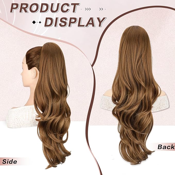 Ponytail Extension, Drawstring Ponytail Extension for Women 26 Inch Long Wavy Brown Pony Tails Hair Extensions Synthetic Clip in Ponytail Hairpiece for Women 8/27