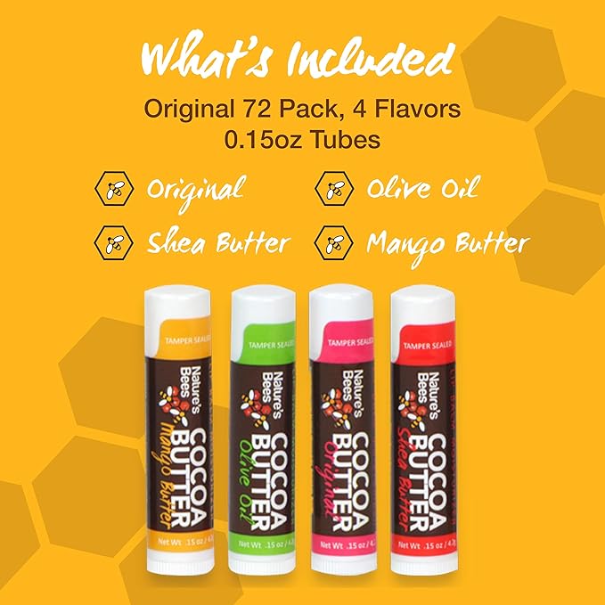 Nature's Bees - Cocoa Butter Lip Balm Moisturizer - Original 72 Pack, 4 Flavors - Original, Shea Butter, Mango Butter, Olive Oil - Made w/Coconut Oil, Beeswax, Vitamin E, Aloe - 0.15oz (4.2g)