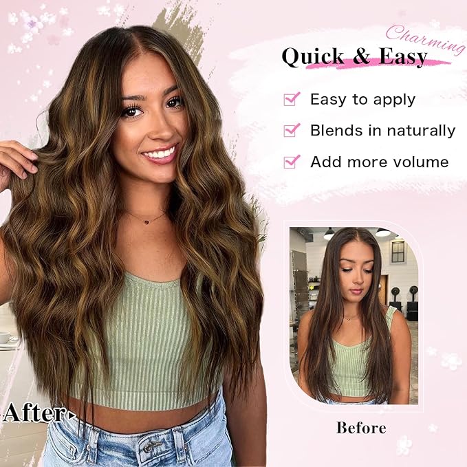 Clip in Hair Extensions for Women, 8PCS 16 Inch Wavy Dark Brown Mix Light Brown Curly Hair Extensions Clip Ins, Synthetic Airy and breathable Hairpieces for Women