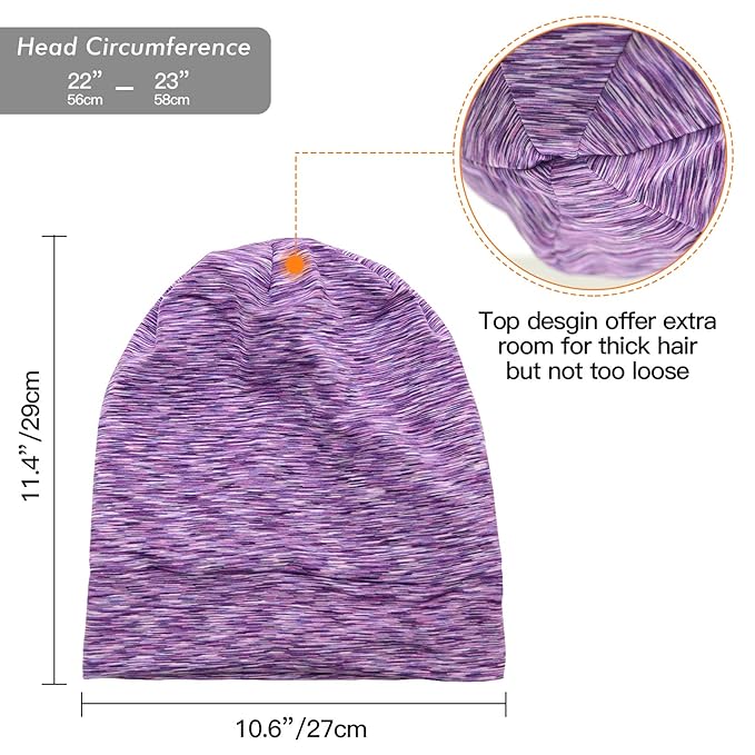 Silk Satin Lined Bonnet Sleep Cap - Adjustable Stay on All Night Hair Wrap Cover Slouchy Beanie for Curly Hair Protection for Women and Men - Heather Purple