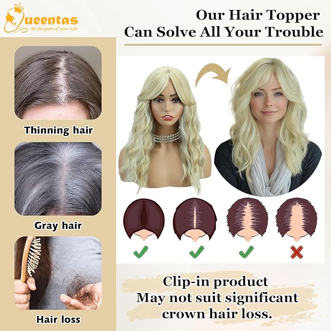 QUEENTAS 18" Curly Hair Topper for Women with Thinning Hair Pieces 6"*6"Large Coverage 360°3D Cover Synthetic Long Blonde Wavy with 5 Clips in Wiglets(Blonde)