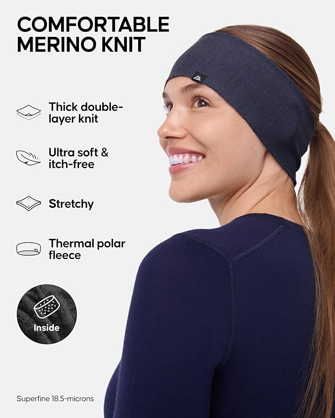 DANISH ENDURANCE Merino Wool Headband, with Thermal Inner Fleece, for Men and Women, Unisex, Dark Navy, M/L