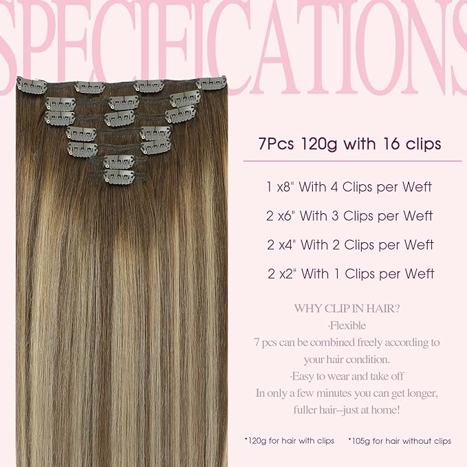 PINKPEARL Clip in Hair Extensions Human Hair, Remy Human Hair Clip ins for Women #4/27/4 Chocolate Brown to Caramel Blonde Balayage Clip Hair Extensions 7pcs 120g 16inch(#4/27/4-16)