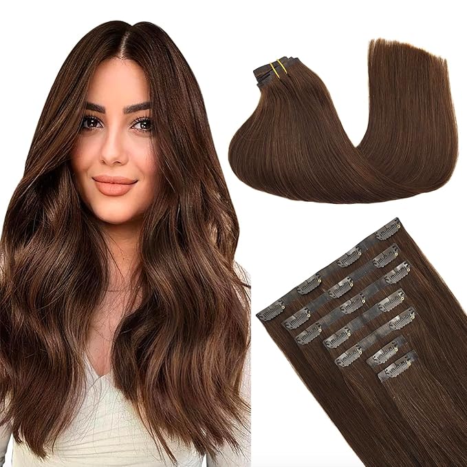 GOO GOO Clip in Hair Extensions Real Human Hair, Remy Human Hair Extensions Clip ins for Women, Natural Human Hair, 24inch 140g 7Pcs, #4A Chocolate Brown