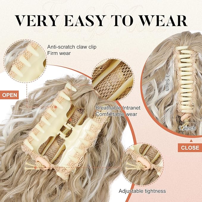 FLUFYMOOZ Ponytail Extension, 12" Short Claw Ponytail Extension Wavy Curly Jaw Clip in Pony tails Hair Extension Natural Synthetic Hairpiece for Women (Light Blonde with White Blonde Highlight)