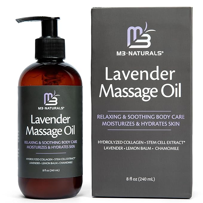 Lavender Sensual Massage Oil with Collagen and Stem Cells, Skin Tightening Therapy for Bum, Thighs, and Belly, Fast-Absorbing Cellulite Oil by M3 Naturals